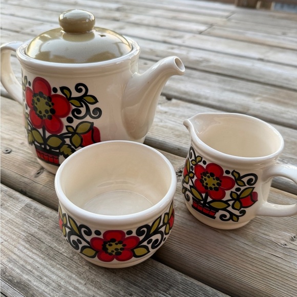 Sadler England Teapot Set  Retro Red Flower Design 1970s Staffordshire Pottery - Picture 8 of 10